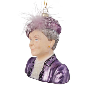 Purple glass bust ornament of dowger countess of grantham with silver glitter hair and lavender satin jacket, like a guitar glass ornament