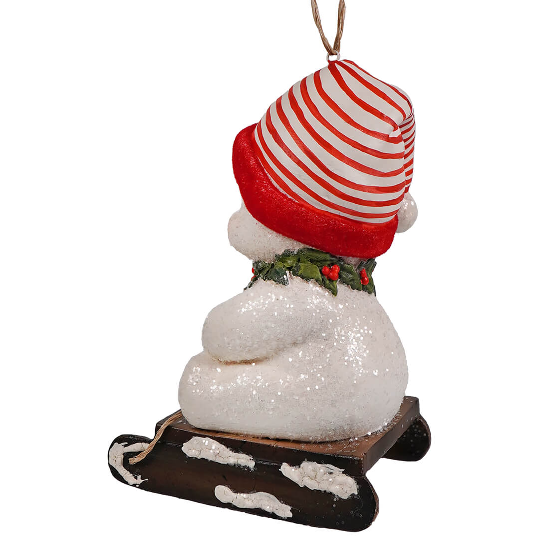 Down the slopes snowman festive snowman ornament with glittery white body and holly wreath by bethany lowe design