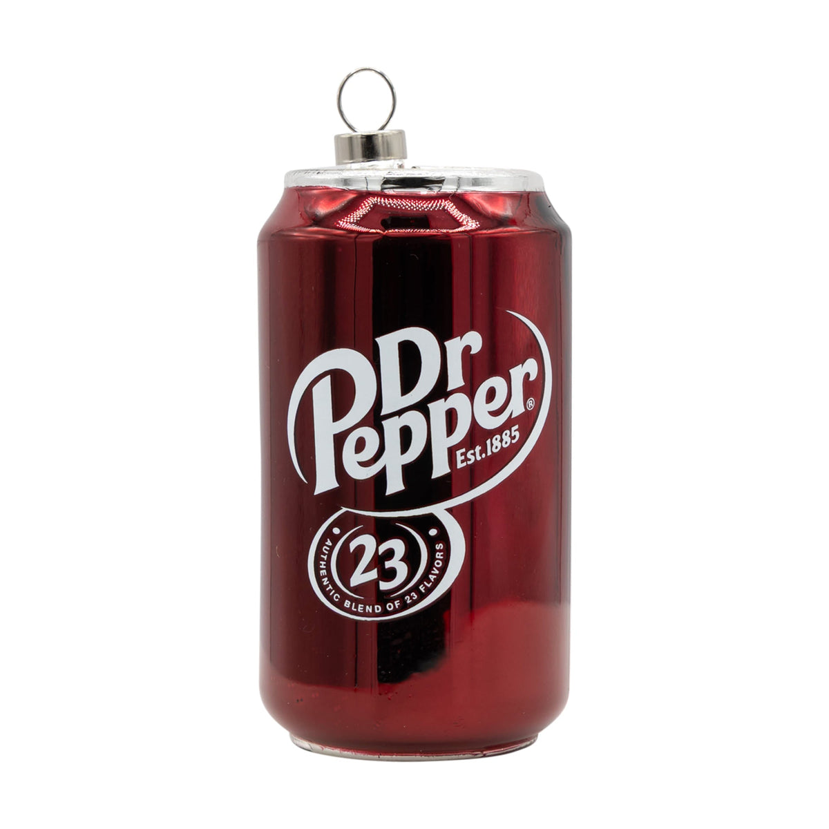 Red metallic dr pepper soda can ornament with white logo and silver top ring perfect for vintage cereal box decor