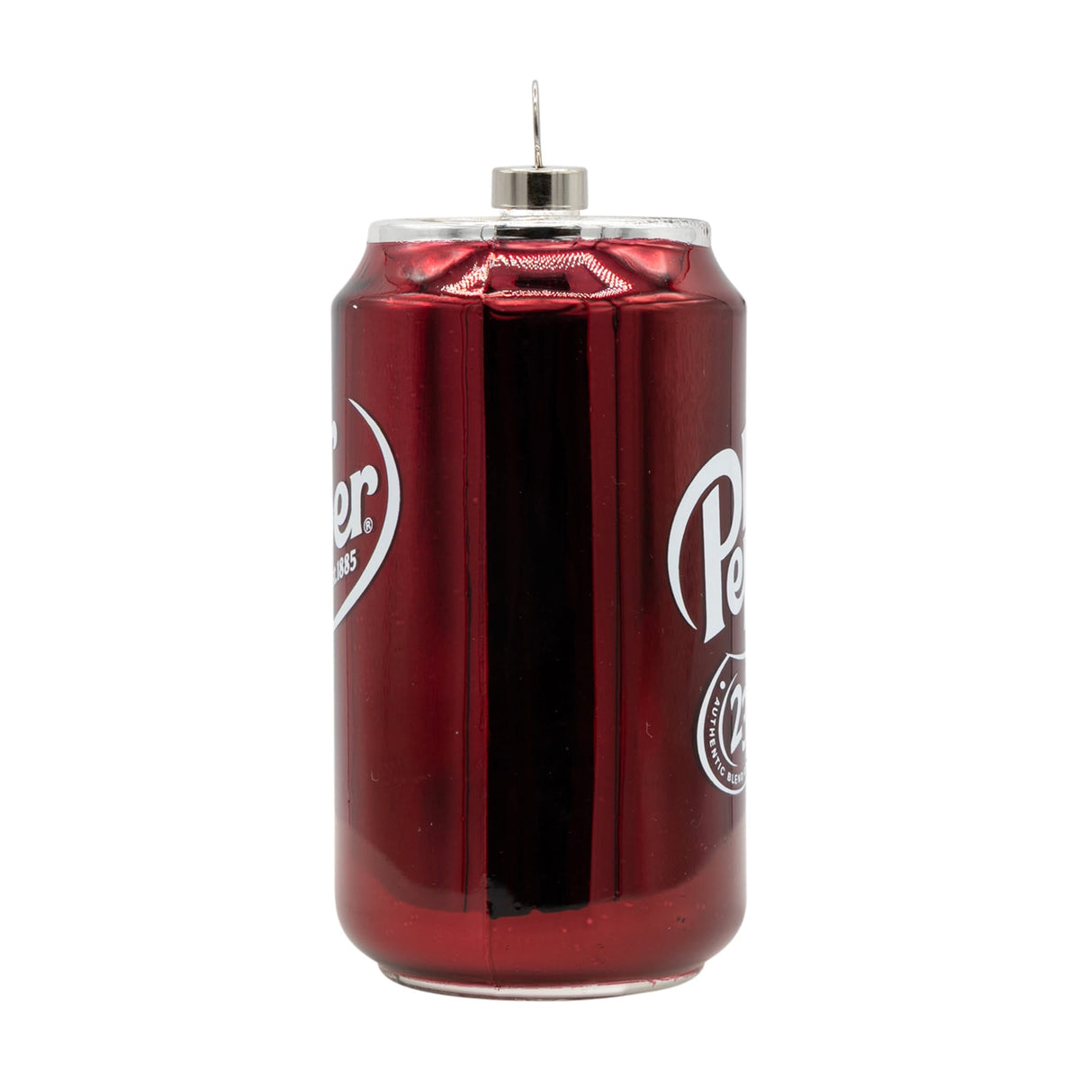 Red metallic dr pepper soda can ornament with white branding and silver top perfect for vintage cereal box decor