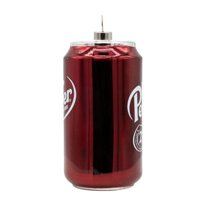 Red metallic dr pepper soda can ornament with white branding and silver top perfect for vintage cereal box decor