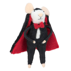 A charming black and red felt dracula mouse critter dressed as a vampire with cape bow tie and suit seasonal charm