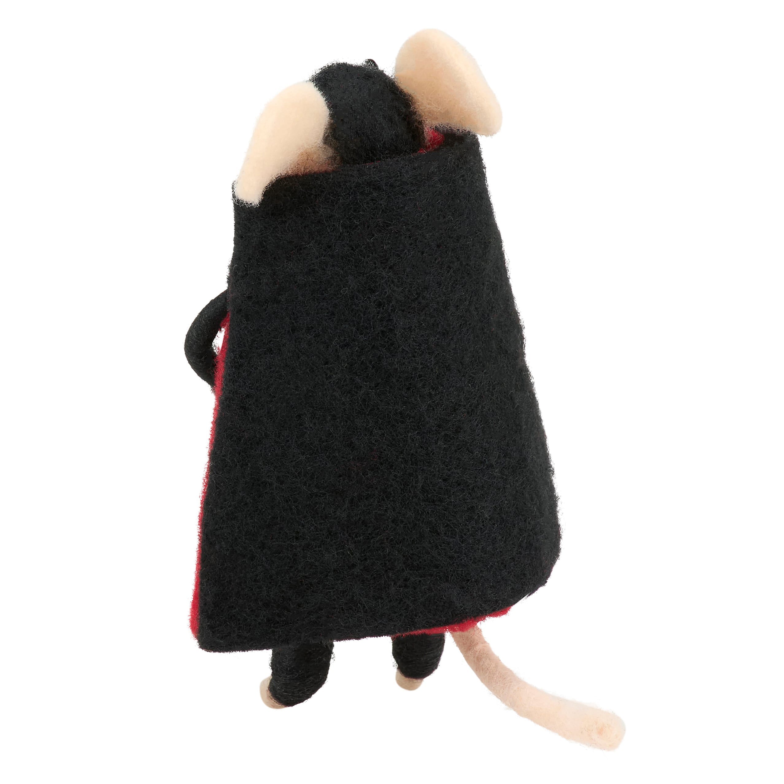 A black felt dracula mouse critter wearing a red trimmed cape perfect as a seasonal charm