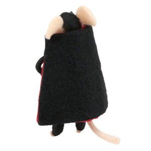A black felt dracula mouse critter wearing a red trimmed cape perfect as a seasonal charm