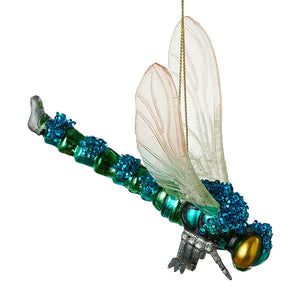 Green metallic dragonfly glass ornament with translucent wings and glittery body perfect garden flying bug ornament