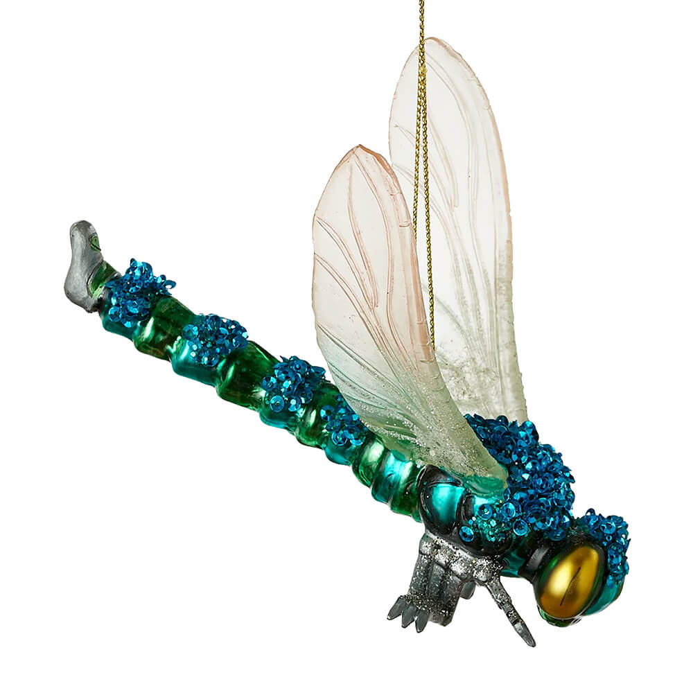 Green metallic dragonfly glass ornament with translucent wings and glittery body perfect garden flying bug ornament