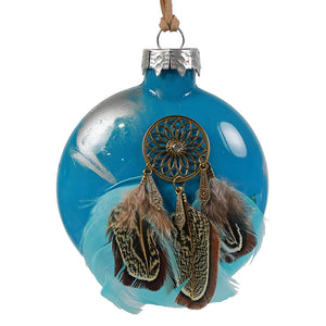 Blue glass dreamcatcher feather christmas ornament with brass dreamcatcher and dangling feathers by bette fraser day