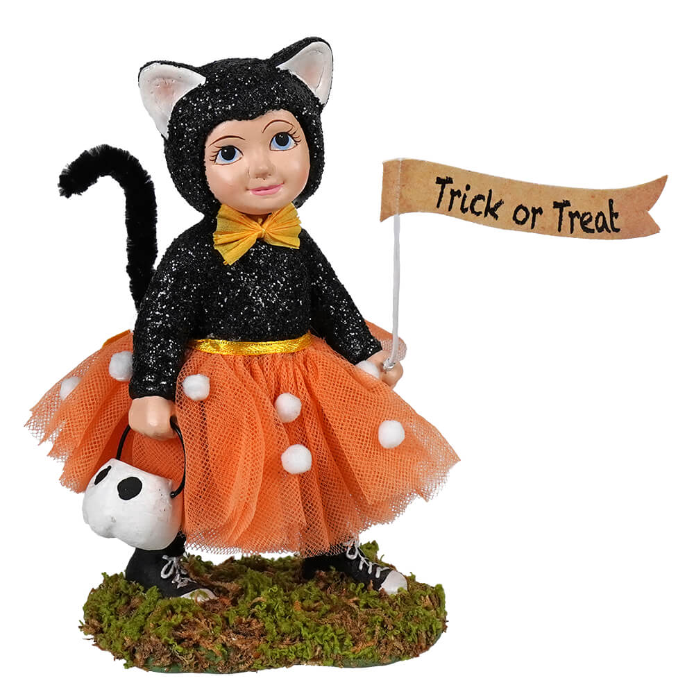 Halloween figurine of a child in a black cat costume dressed up rorie from bethany lowe halloween figures and dolls