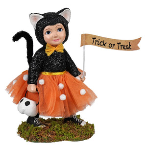 Halloween figurine of a child in a black cat costume dressed up rorie from bethany lowe halloween figures and dolls