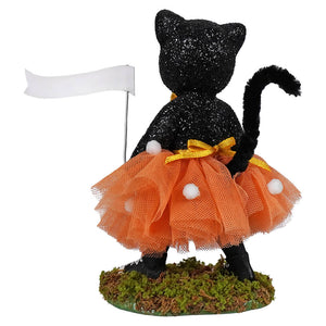 Dressed up rorie black glitter cat figurine in orange tulle skirt with white pompoms and yellow bow bethany lowe halloween figures and dolls