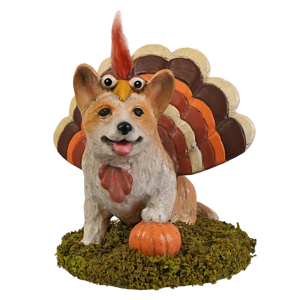 Dressed up tommy corgi figurine by bethany lowe dressed as a turkey with orange brown wings and red comb winking eyes