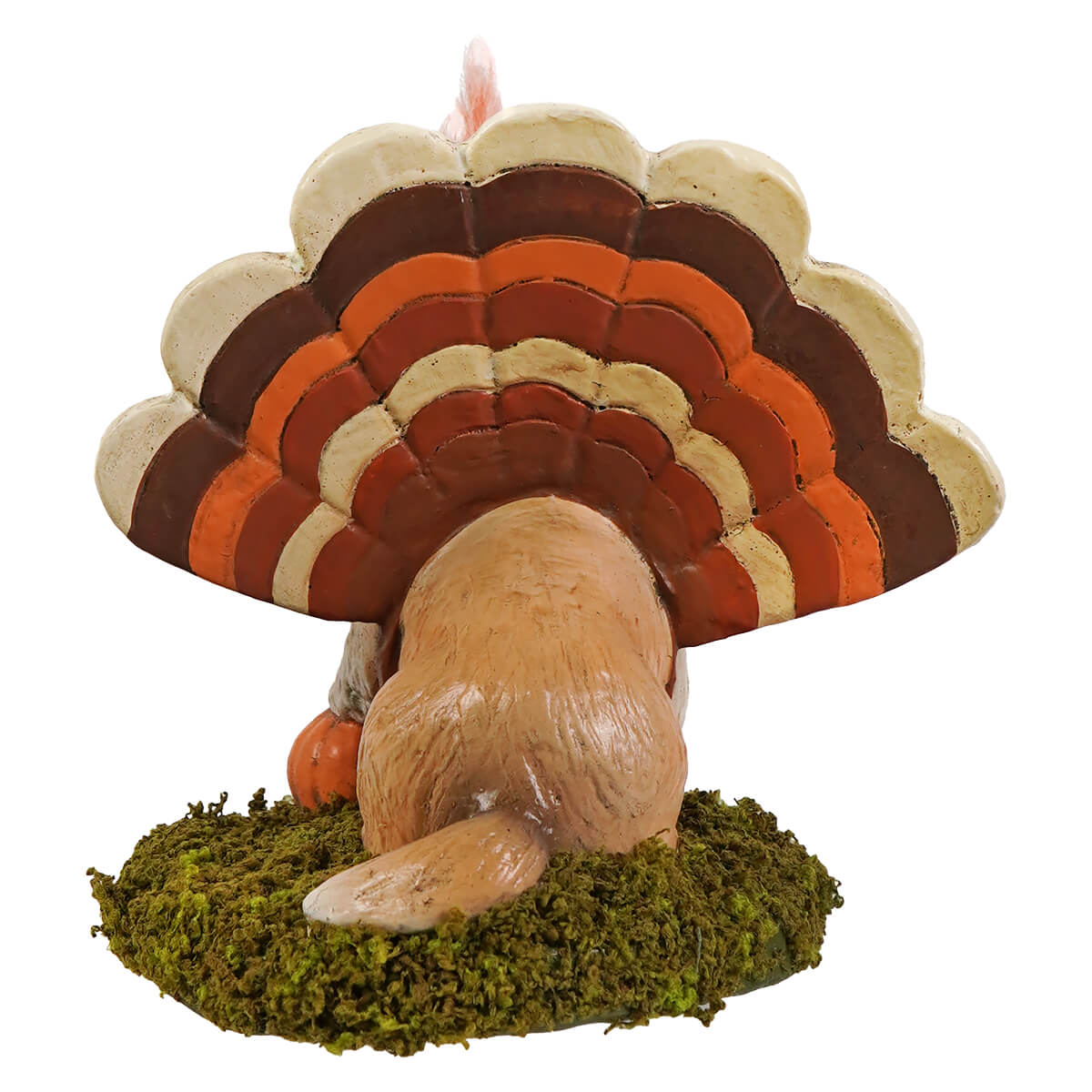 Dressed up tommy ceramic turkey figurine with orange brown cream tail on mossy base by bethany lowe