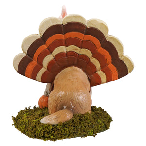 Dressed up tommy ceramic turkey figurine with orange brown cream tail on mossy base by bethany lowe
