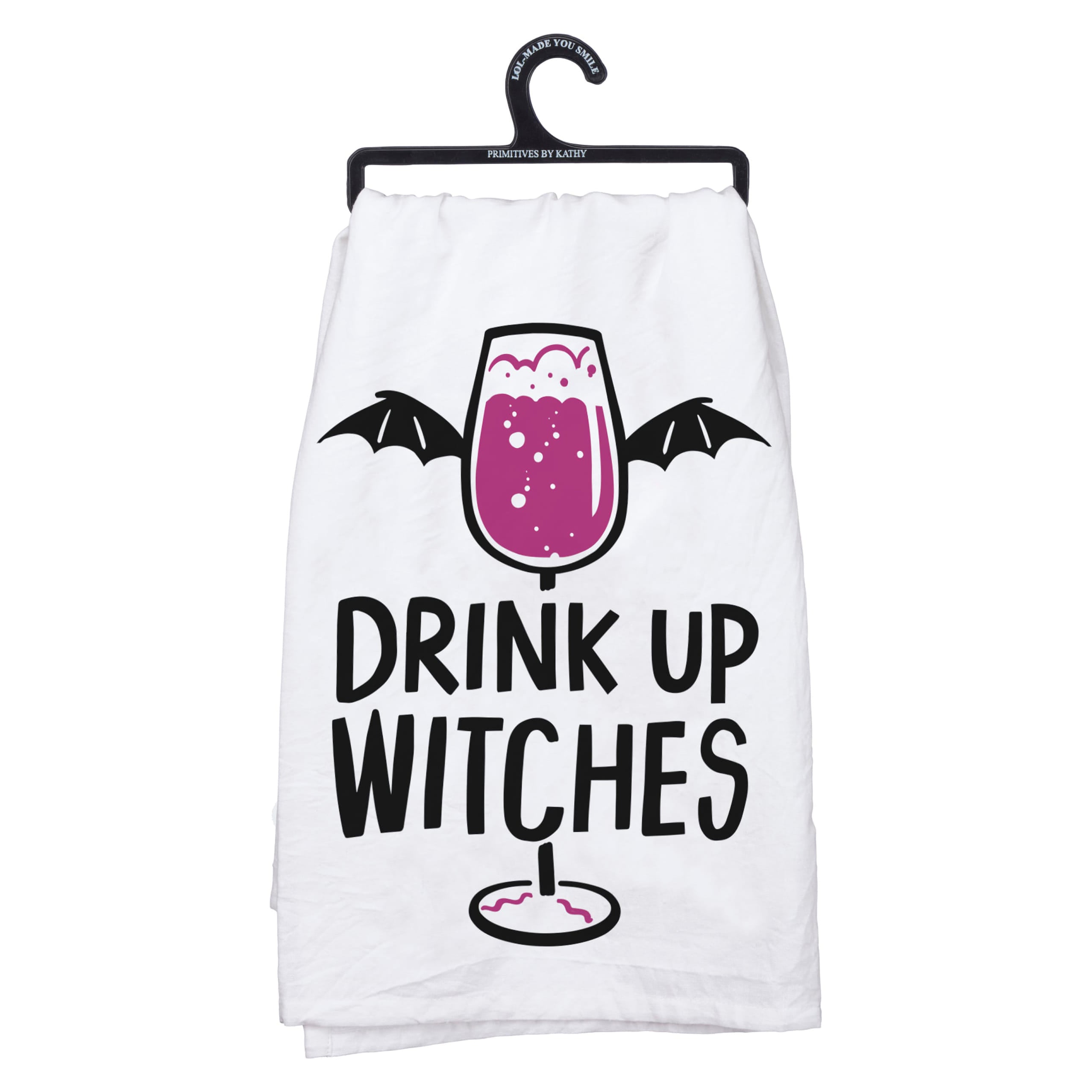 White cotton inn kitchen towel with purple drink glass bat wings and drink up witches text for breakfast inn kitchen