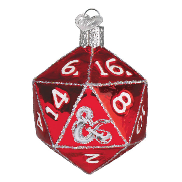 Red glass dungeons and dragons red box ornament shaped like a 20-sided die with silver glitter trim and white numbers