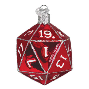 A shiny red glass dungeons & dragons d20 dice ornament with silver glitter trim perfect for tabletop decor or dragons red box gifts