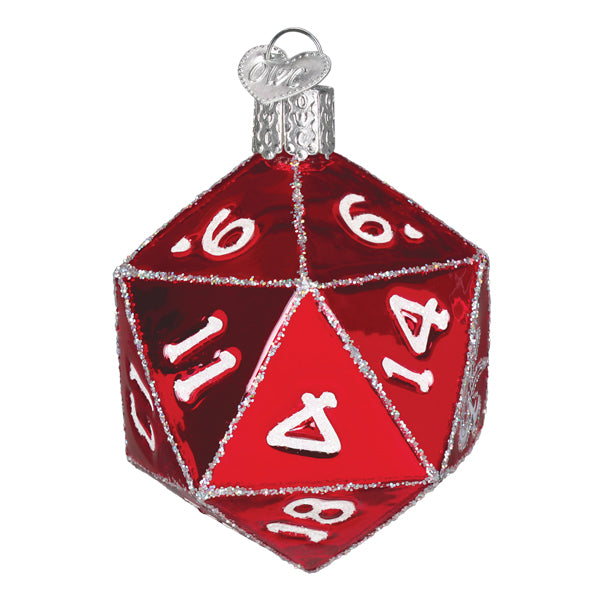 Red glass d20 dice ornament with white numbers and silver glitter trim perfect tabletop decor for dragons red box fans