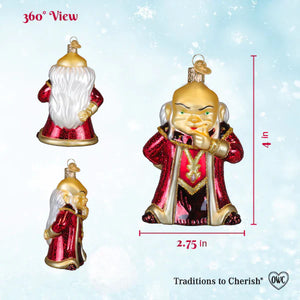 A festive dungeons & dragons red box ornament showing a jovial figure in red and gold robe for tabletop decor