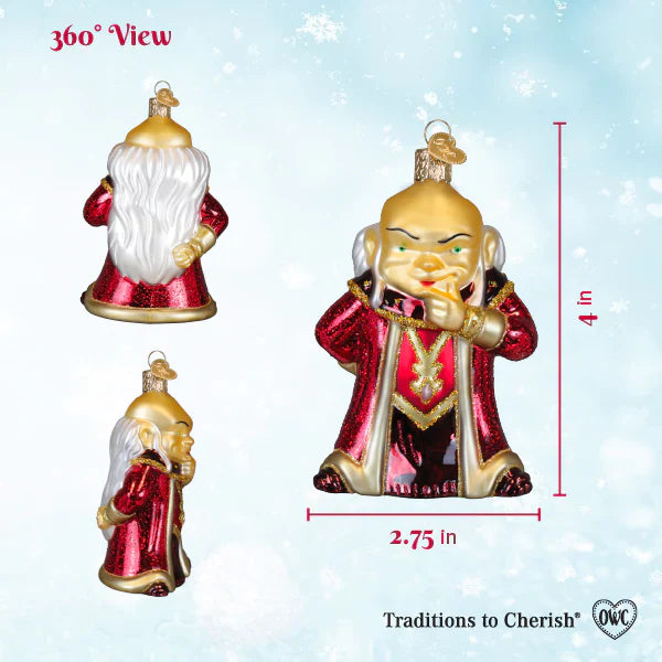 A festive dungeons & dragons red box ornament showing a jovial figure in red and gold robe for tabletop decor
