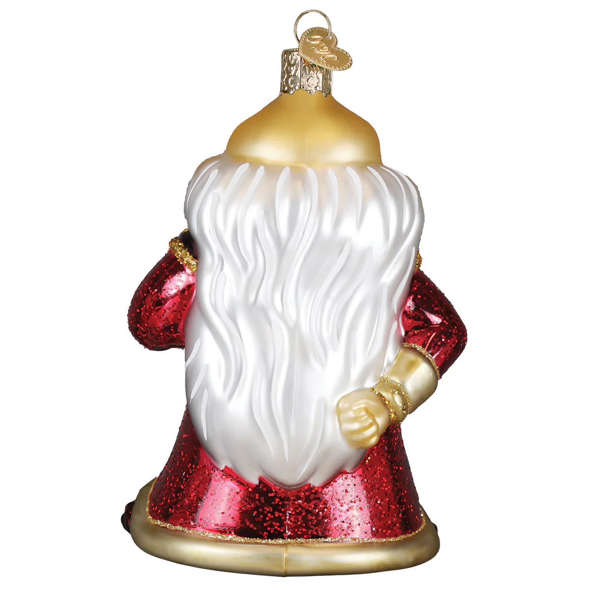 A glossy red and gold glass dungeons and dragons dungeon master ornament with glittery coat and white beard for tabletop decor