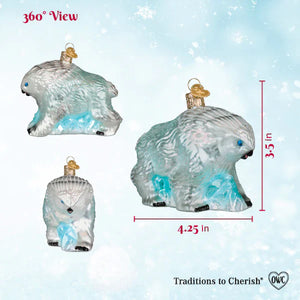 Clear glass dungeons & dragons snowy owlbear ornament with blue icy accents and gold loop for tabletop decor