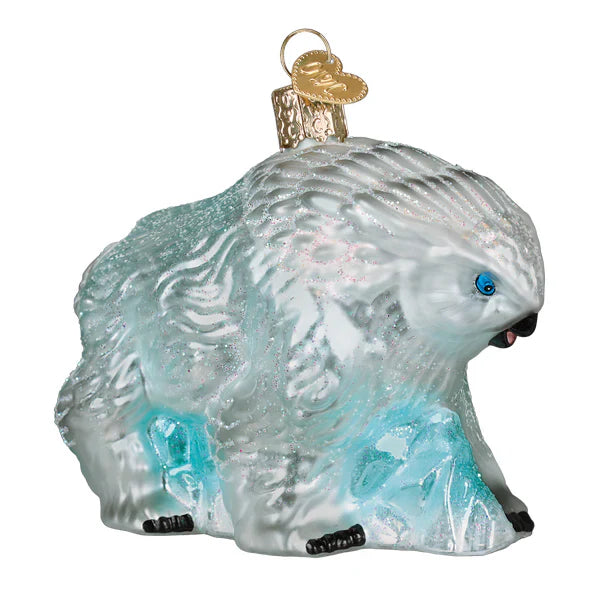Icy blue and silver glass dungeons and dragons snowy owlbear ornament with glittery texture and gold heart cap for tabletop decor
