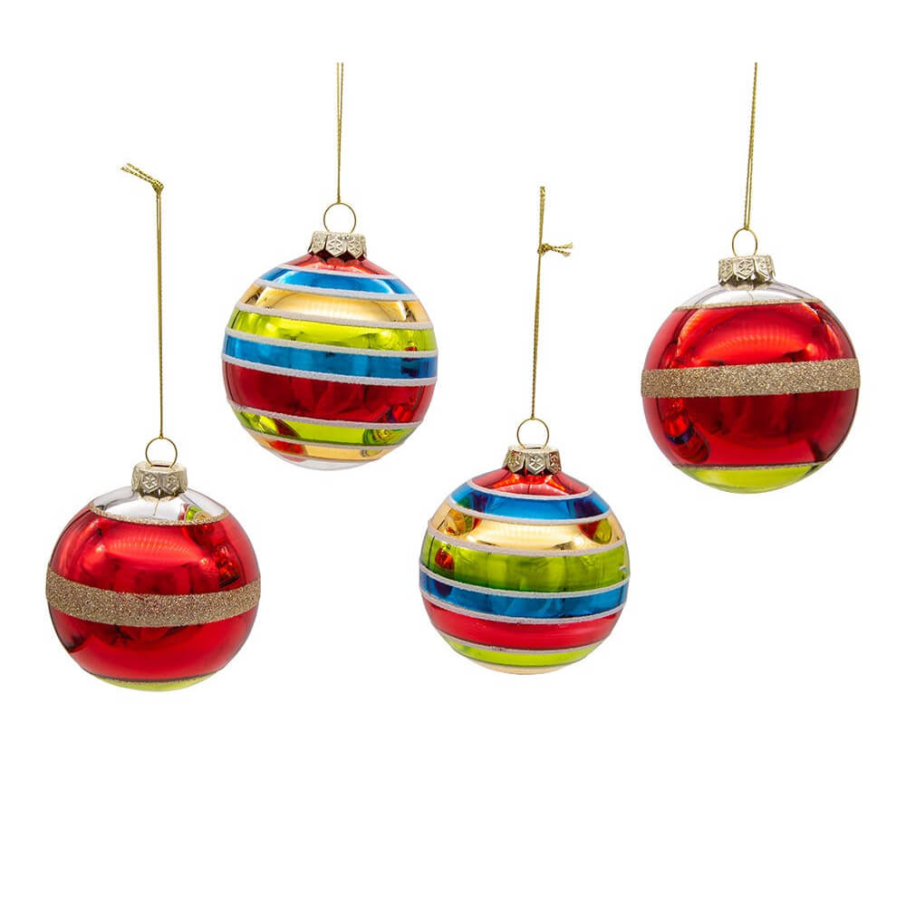 Early years glass striped ball indent reflector ornaments boxed set of 4 with vibrant metallic glitter accents