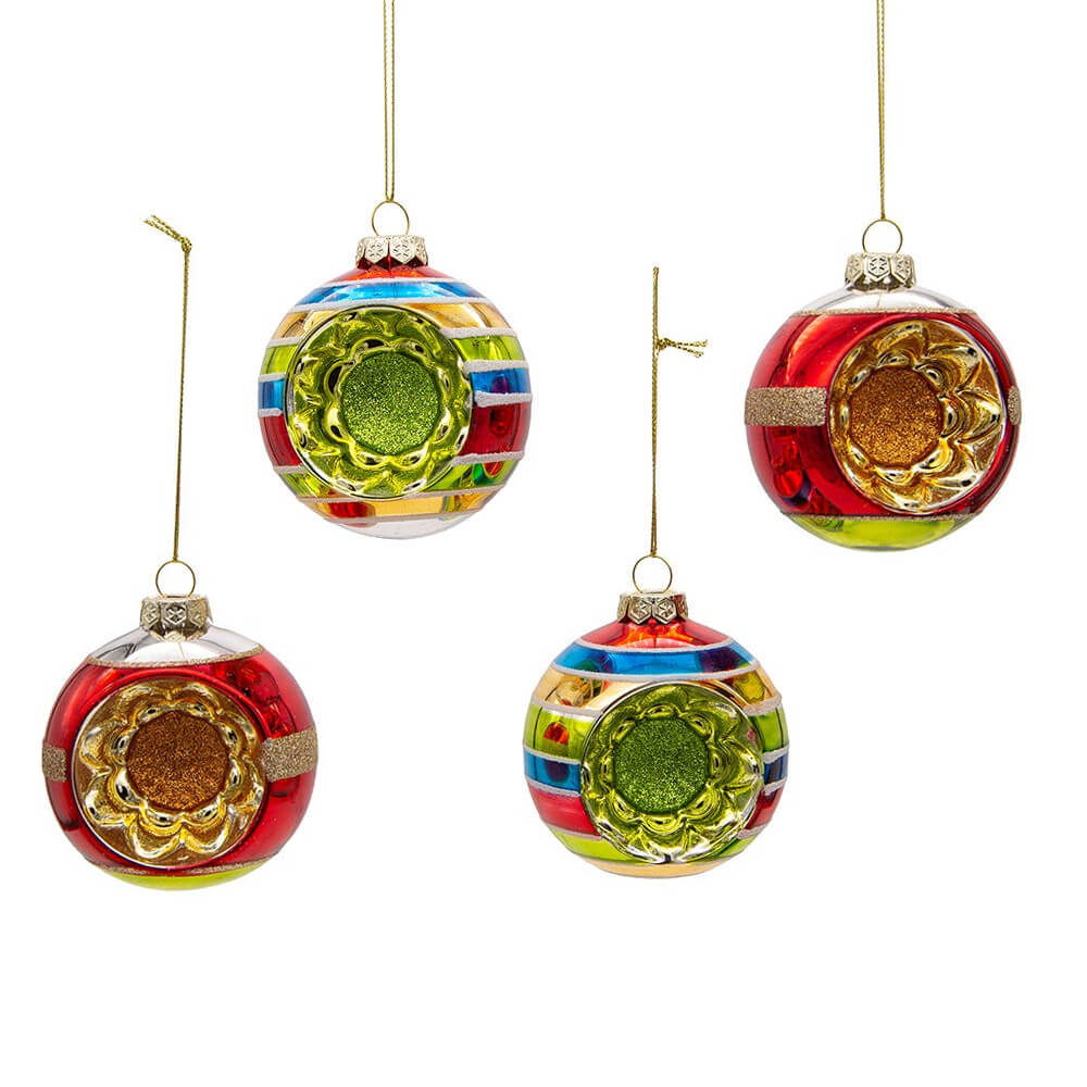 Vibrant retro glass ornament boxed ornaments set of 4 with colorful striped patterns and glittery gold or green centers