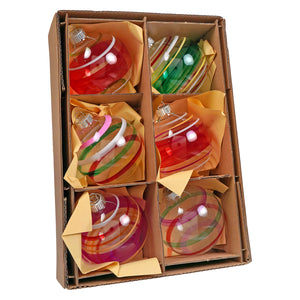 Vibrant early years striped clear glass ball ornaments with swirling rainbow stripes and silver caps for christmas decorations