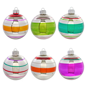 Set of six colorful reflective glass finial ornaments with vibrant stripes in early years ornaments box set