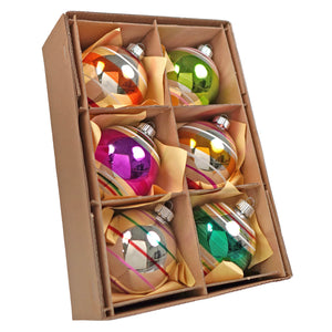 Set of six colorful striped glass finial ornaments with metallic caps in an early years ornaments box set