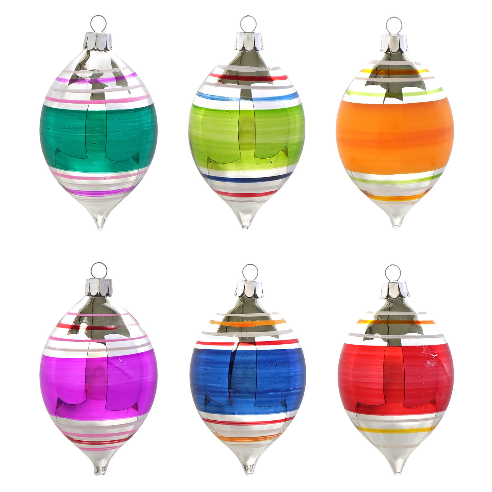 Early years striped glass finial ornaments box set of 6 in teal green orange purple blue and red with silver accents