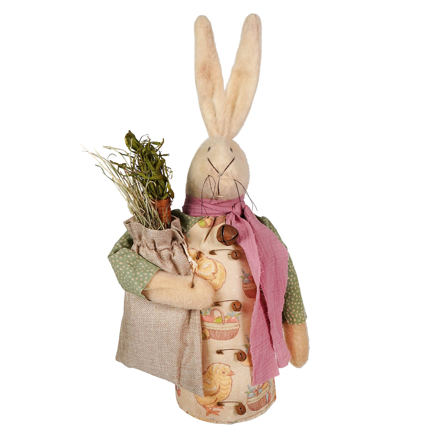 A plush attire white bunny holding sack of hay wearing a patterned apron and pink scarf vintage easter bunny figural decor