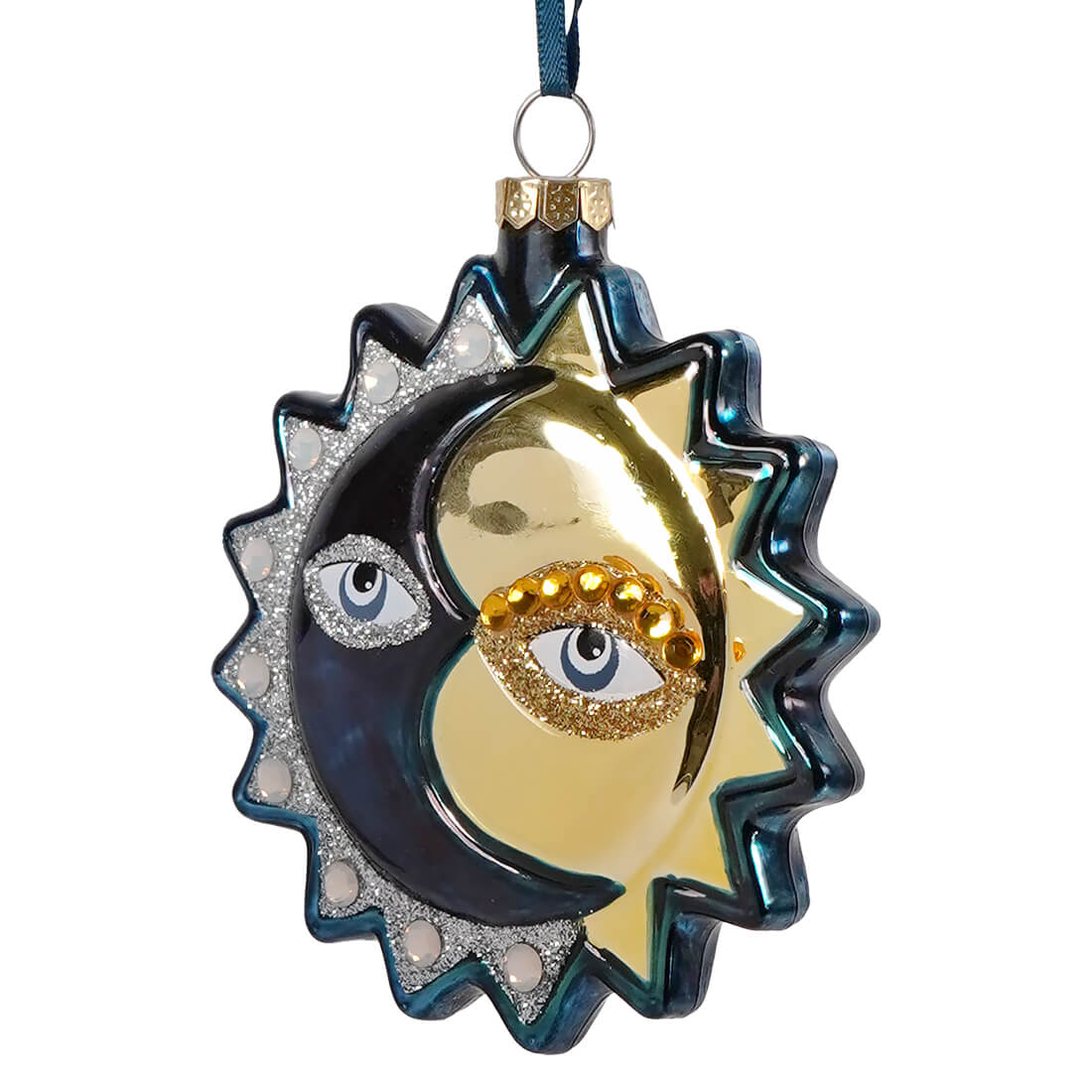 Eclipse glass ornament by cody foster with glossy sun and moon design featuring silver gold glitter and rhinestones
