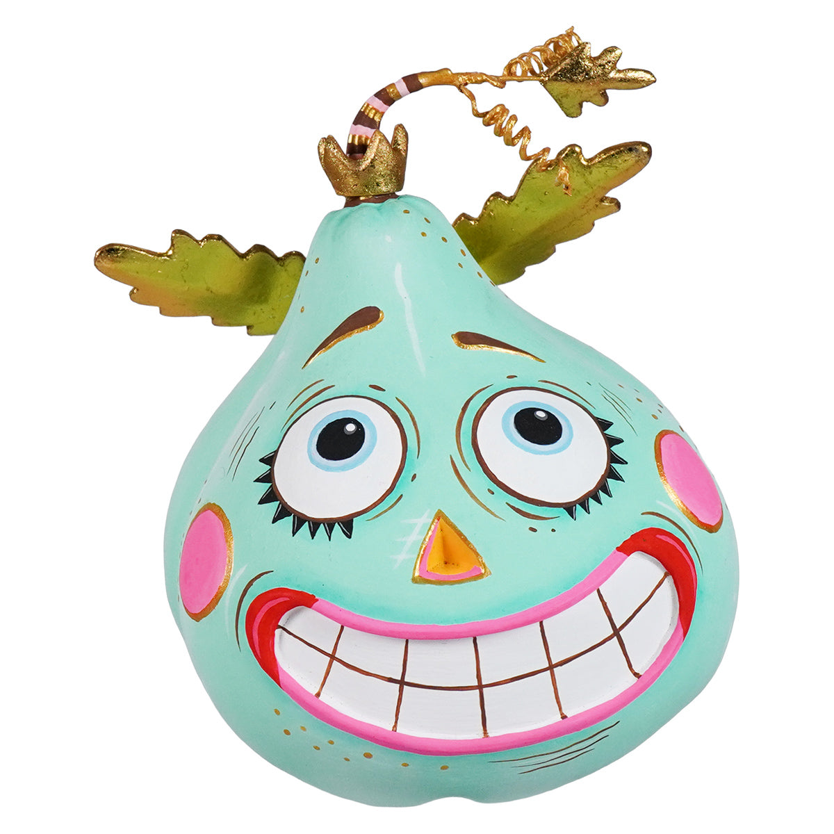Whimsical ecstatic seafoam green pear-shaped pumpkin pixie figurine with a smiling face and golden wings