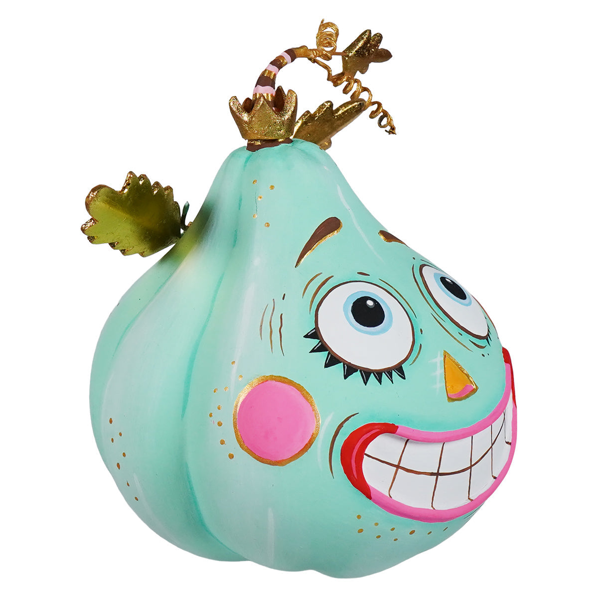 A whimsical ecstatic seafoam green pumpkin pixie figurine with gold leaf accents and a golden crown display piece