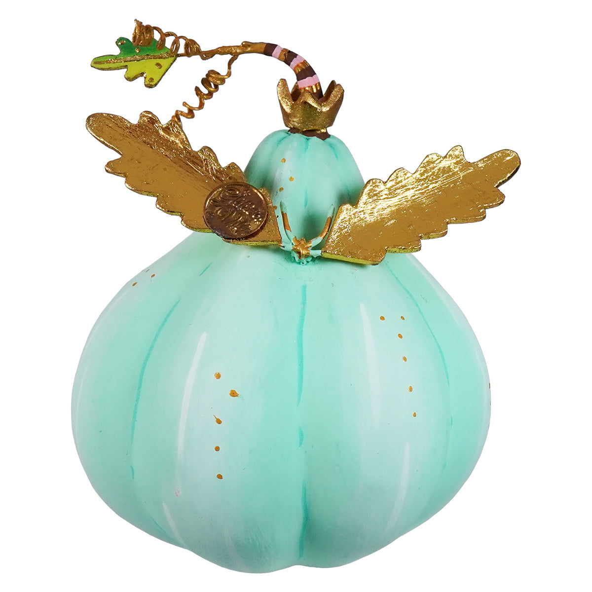 A turquoise ecstatic seafoam green pumpkin pixie ornament with gold wings crown and decorative details for display