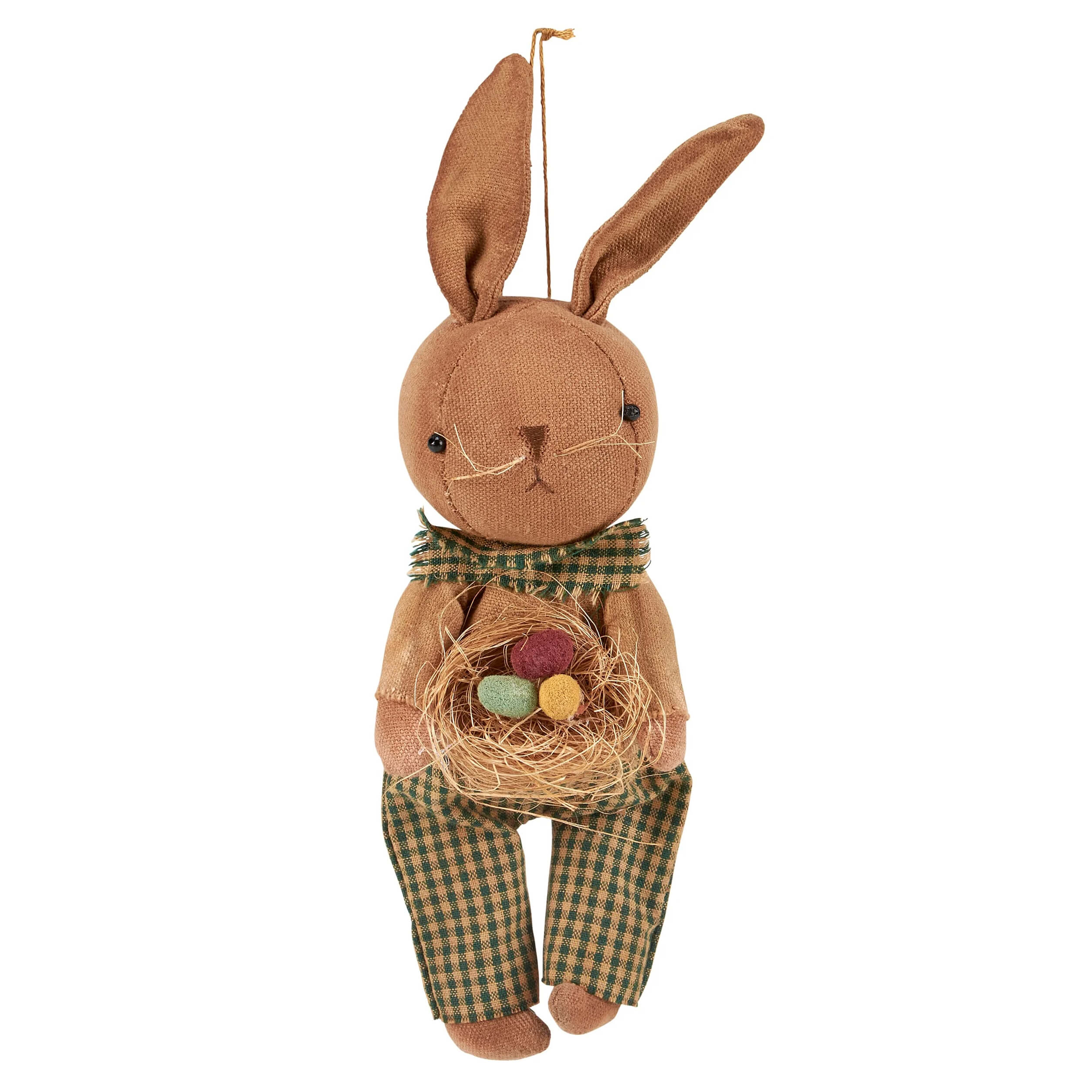 Brown fabric egg basket bunny ornament wearing green plaid scarf and pants holding straw nest with eggs kathy easter design
