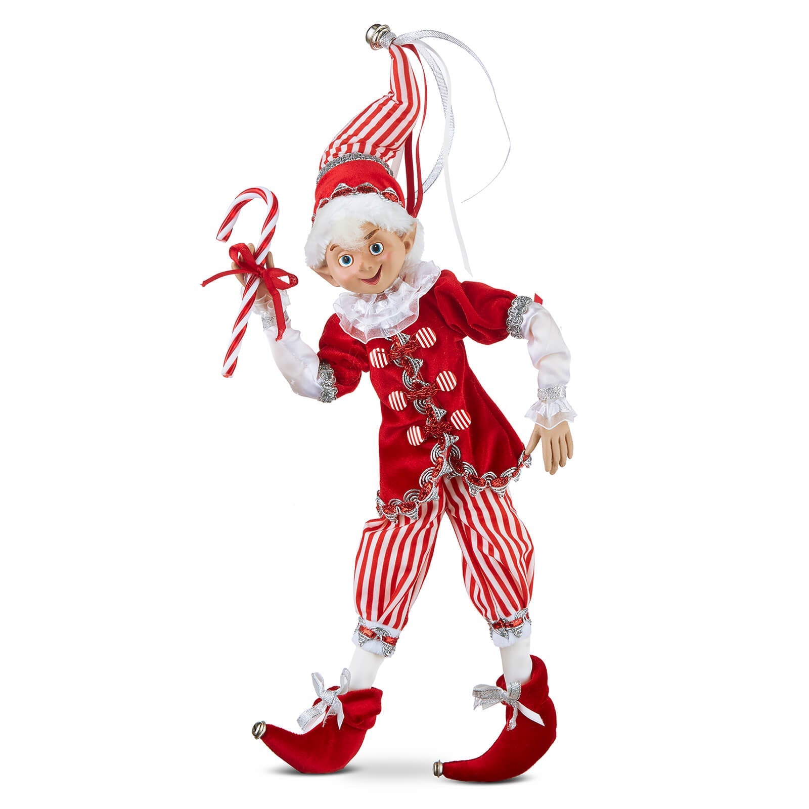 Elaborately Dressed Red & White Candy Cane Posable Elf - Christmas