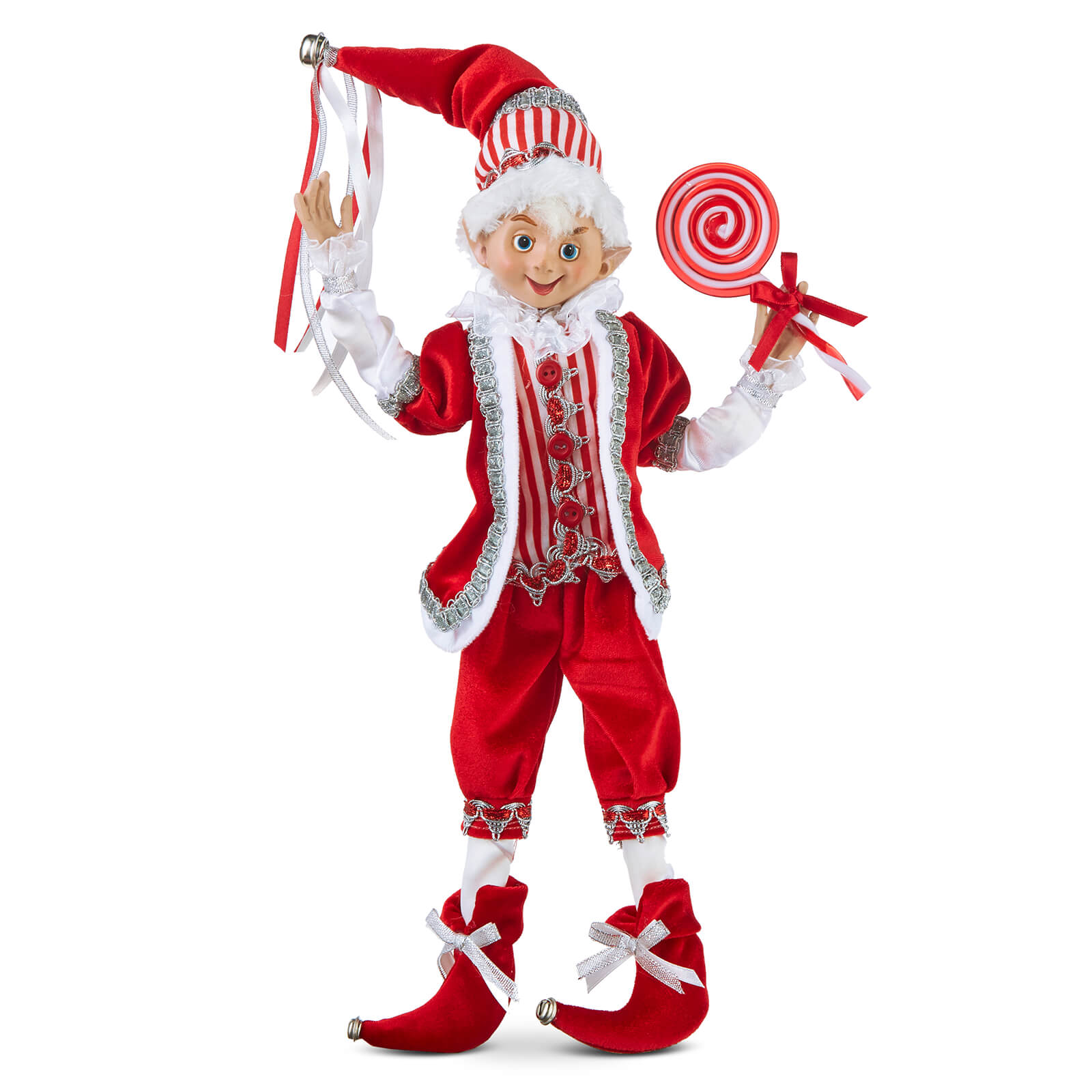 Elaborately Dressed Red & White Peppermint Swirl Posable Elf - Christmas