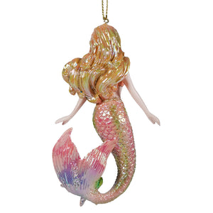 A shimmering pink and gold electroplated blonde resin mermaid ornament with iridescent scales and flowing hair hanging decoration