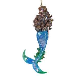 A shimmering resin brunette blue mermaid ornament with iridescent brown hair and blue-to-green scaled tail for hanging