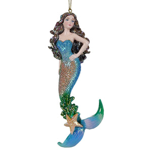 Sparkly electroplated brunette blue mermaid resin ornament perfect as a decorative blue mermaid ornament piece