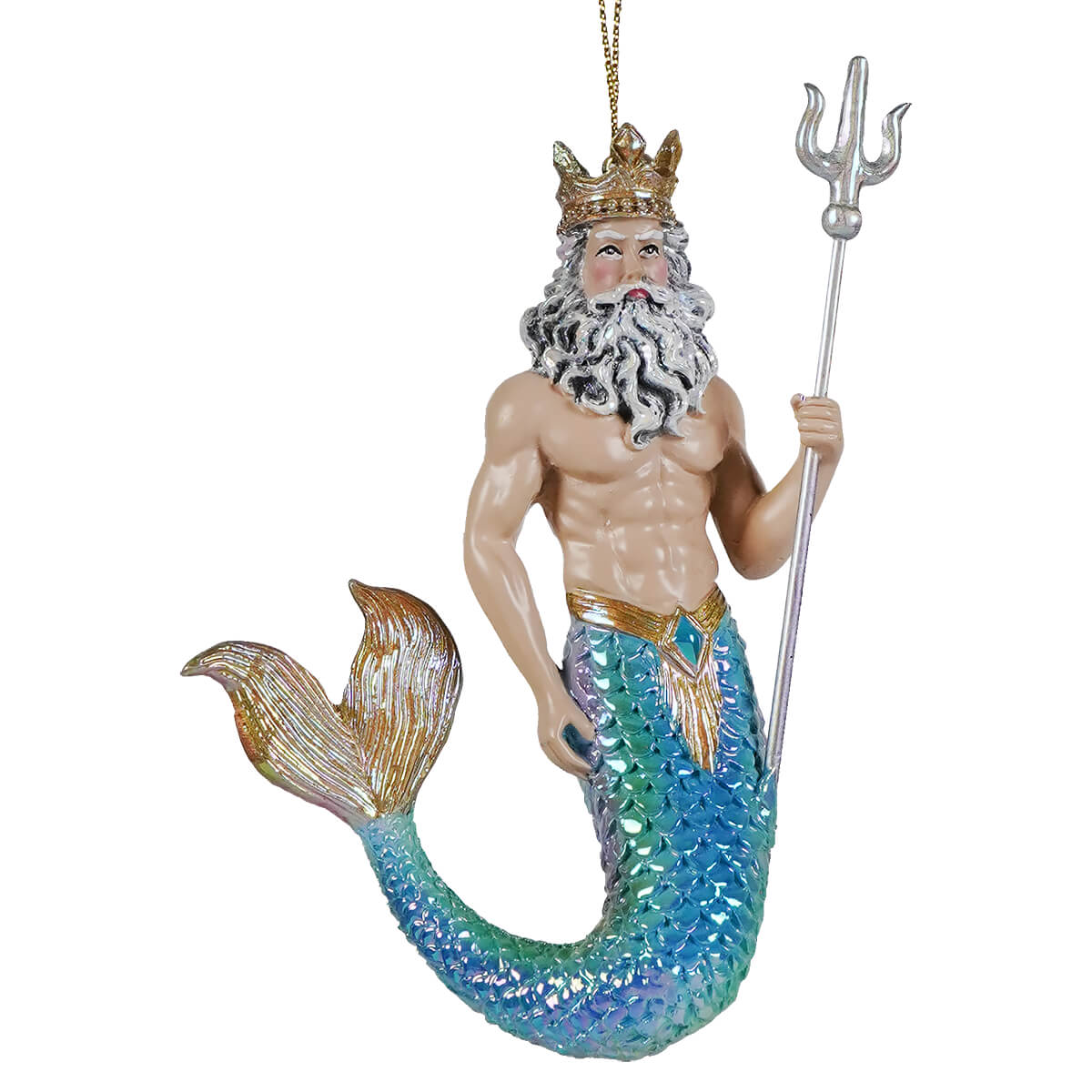 Electroplated king neptune ornament featuring a resin merman with crown and trident ocean ornament perfect for holidays