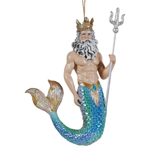 Electroplated king neptune ornament featuring a resin merman with crown and trident ocean ornament perfect for holidays