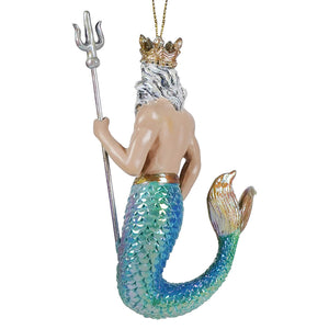 Detailed resin ornament of neptune king ornament with silver trident and teal blue gold iridescent ocean ornament tail