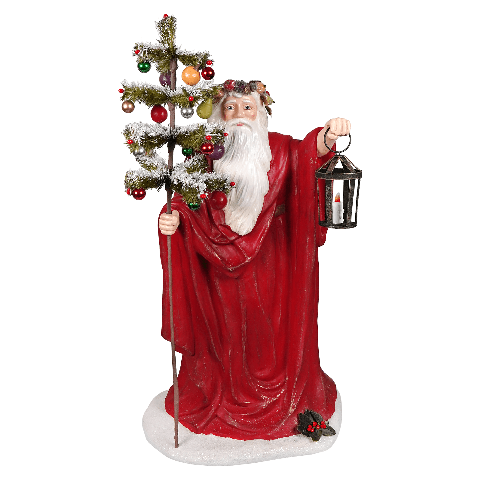 Elegant lighting the way santa red resin santa figure holding decorated tree and ornate lantern perfect folk art santas