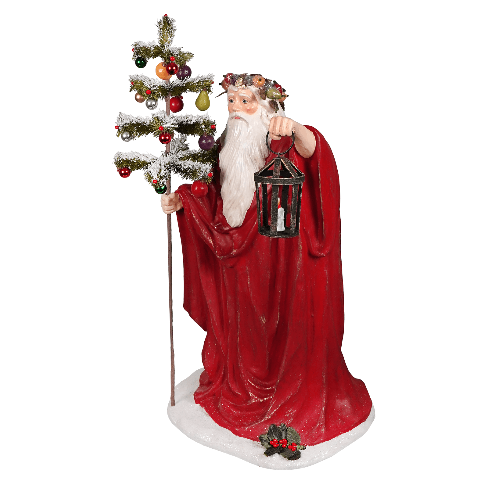 Red resin santa figurine holding a decorated christmas tree and lantern from elegant lighting the way santa collection