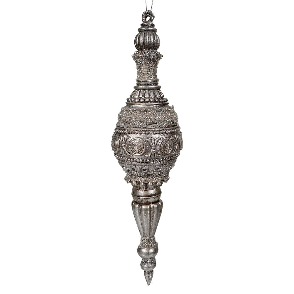 Elegant Silver Glittered & Beaded Finial Ornament