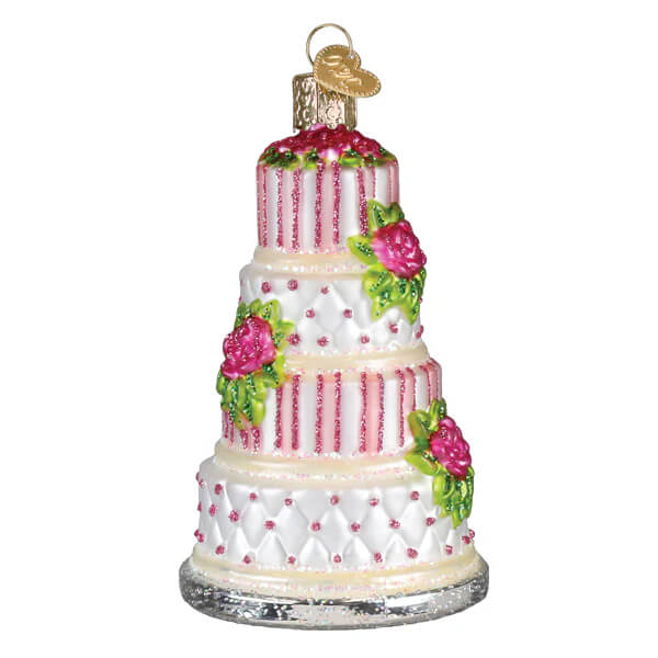 Elegant wedding cake ornament with white frosting pink stripes diamond patterns and pink roses perfect christmas glass ornament